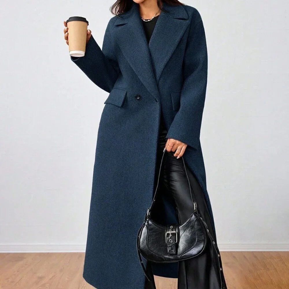 Navy Blue Casual Women's Lapel Long Coat
